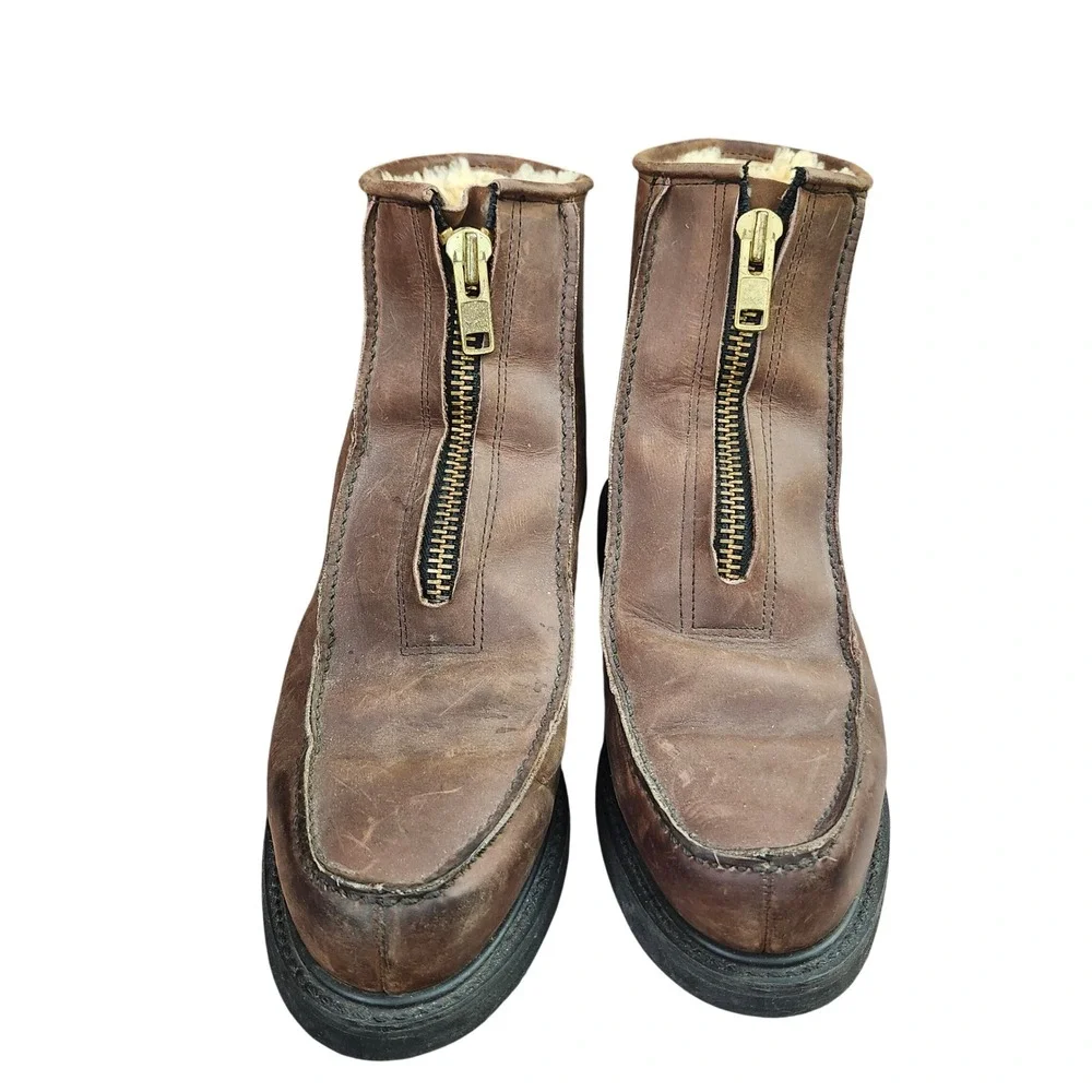 Orvis Mens Brown Leather Shearling Lined Front Zip Moc Toe Boots Size 9